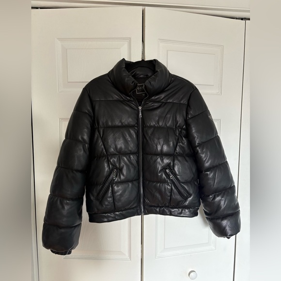 Guess Jackets & Blazers - Guess Faux Leather Black Puffer Jacket